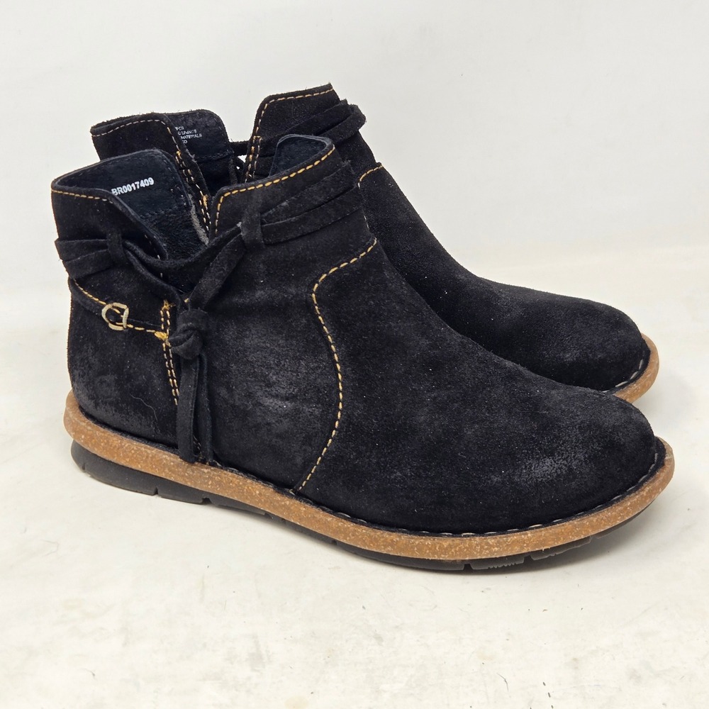 Born‎ Black Suede Ankle Boots Womens 7.5 Side Zip Flat Booties Boho